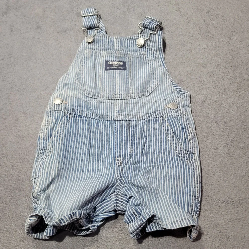 OshKosh B'gosh Overalls Baby 12M Blue Hickory Railroad‎ Stripe Denim Shortalls